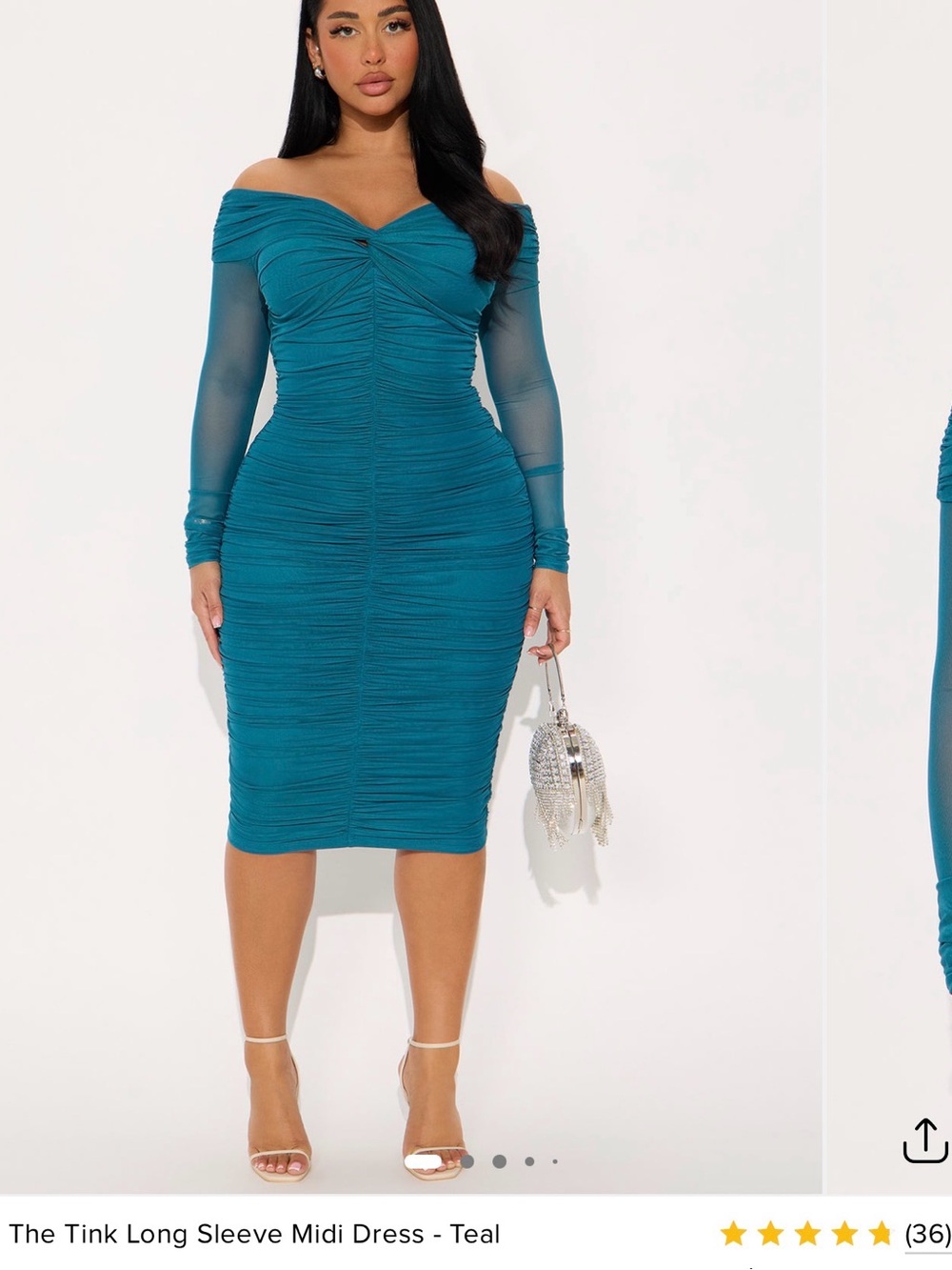 Off-Shoulder Teal Ruched Midi Dress